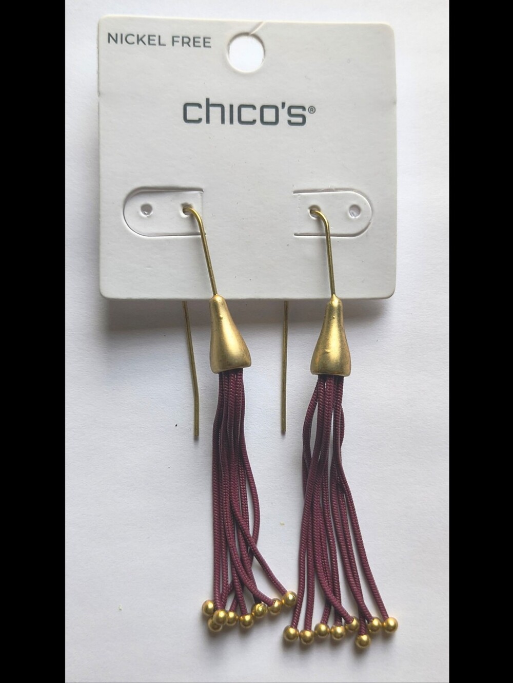 Chicos Maroon & Brushed Gold Tone Modern Pierced Tassel Earrings New On Card